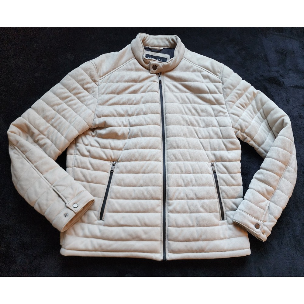 Zara Man Suede Light Grey Puffer Jacket Mens XL Quilted Zip Coat
